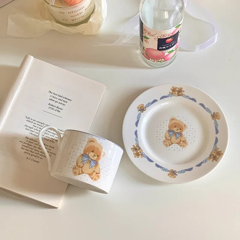 Set de căni și farfurii din ceramică coreeană Ins Fashion Ursul Kawaii Ceașă de ceai de după-amiază Cafe Tort Farfurie Desert Cană de cafea cu lapte drăguț cu fundă