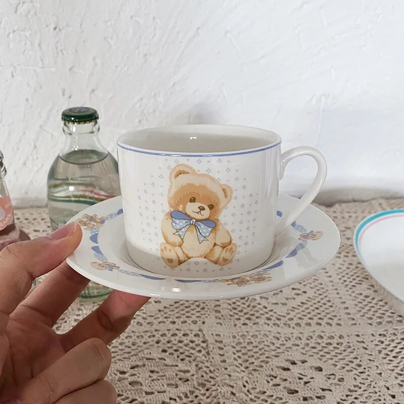 Set de căni și farfurii din ceramică coreeană Ins Fashion Ursul Kawaii Ceașă de ceai de după-amiază Cafe Tort Farfurie Desert Cană de cafea cu lapte drăguț cu fundă