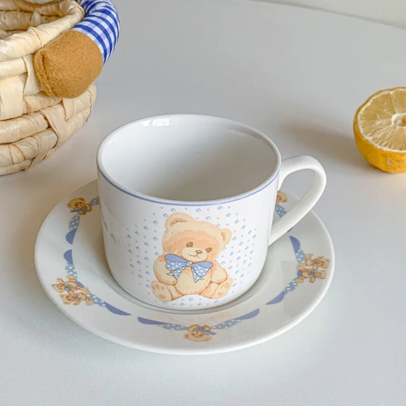 Set de căni și farfurii din ceramică coreeană Ins Fashion Ursul Kawaii Ceașă de ceai de după-amiază Cafe Tort Farfurie Desert Cană de cafea cu lapte drăguț cu fundă