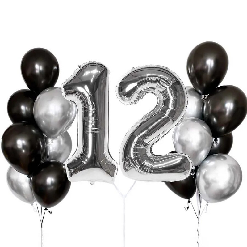 Juodo sidabro latekso balionų rinkinys Linksmo gimtadienio vakarėlio dekoravimas su 18 numeriu pažymėtu baliono folijos tašku berniukams 18-ojo gimtadienio vakarėlyje