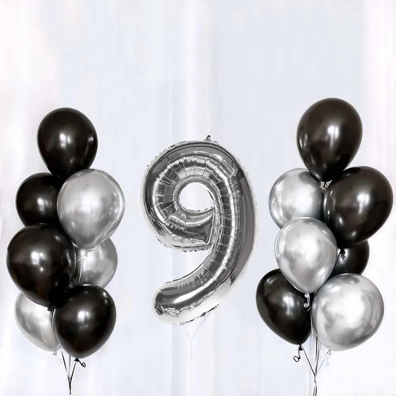 Juodo sidabro latekso balionų rinkinys Linksmo gimtadienio vakarėlio dekoravimas su 18 numeriu pažymėtu baliono folijos tašku berniukams 18-ojo gimtadienio vakarėlyje