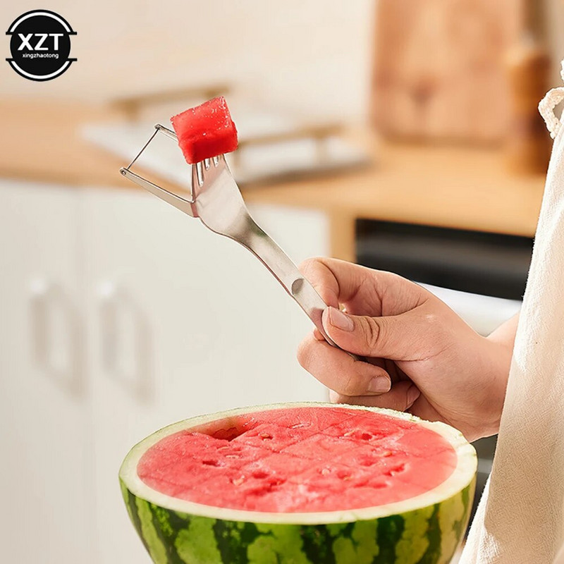 2 viename arbūzų pjaustyklė su šakute Patvari arbūzų pjaustyklė nerūdijančio plieno arbūzų pjaustymo įrankiai virtuvės vaisiams pjaustyti