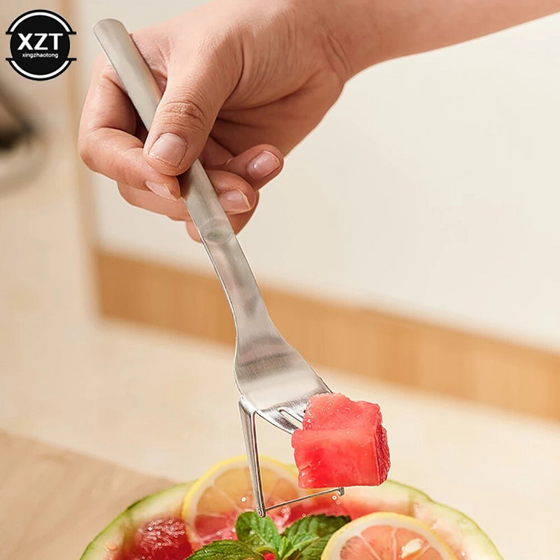 2 viename arbūzų pjaustyklė su šakute Patvari arbūzų pjaustyklė nerūdijančio plieno arbūzų pjaustymo įrankiai virtuvės vaisiams pjaustyti