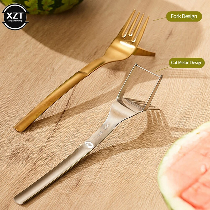 2 viename arbūzų pjaustyklė su šakute Patvari arbūzų pjaustyklė nerūdijančio plieno arbūzų pjaustymo įrankiai virtuvės vaisiams pjaustyti