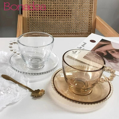 Cești de cafea cu mâner de mărgele franțuzești Cești de ceai cu lapte cu latte Creative Ceașă de apă din sticlă retro Cești de ceai Pahare pentru băuturi Accesorii pentru cafenea