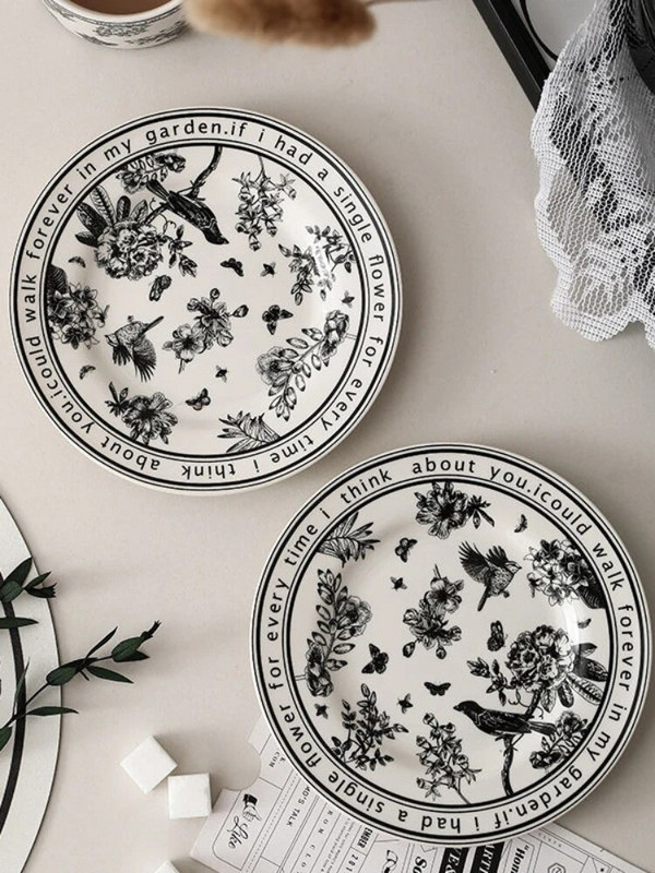 Керамични чаши Чаши за кафе Черни ръчно рисувани цветя Птица Керамична чаша за кафе и комплект чинийки Домашно парти Чай Мляко Чаши Кухненски прибори