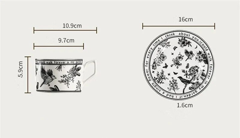 Керамични чаши Чаши за кафе Черни ръчно рисувани цветя Птица Керамична чаша за кафе и комплект чинийки Домашно парти Чай Мляко Чаши Кухненски прибори
