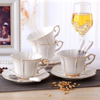 Чаша за следобеден чай от костен Китай Висококласни, боядисани в злато британски чаши за кафе и чинийки Комплект 180 мл керамични чаши за еспресо