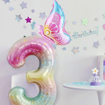 40-инчов цветен балон с градиентно число 0-9 цифри Фолиев хелиев балон Пеперуда Момиче Декорация за парти за рожден ден Baby Shower Детски подаръци