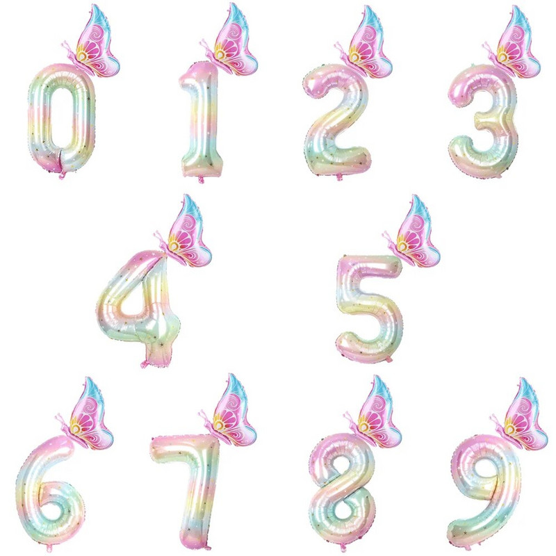 40 collu krāsains gradienta numura balons 0–9 ciparu folijas hēlija balons, tauriņš, meitenes dzimšanas dienas ballītes dekors, bērnu dušas dāvanas