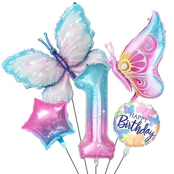 НОВ комплект балони с пеперуди Розов син 40-инчов фолиен балон с номера Голям цветен балон с пеперуди Baby Shower Birthday Party Decor