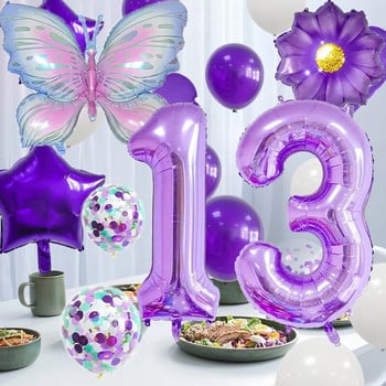7Pcs Комплект лилави балони с пеперуди 32 инча 0-9 номера Фолиев балон Сватба Baby Shower Хелий Globos Декорации за рожден ден