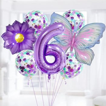 7Pcs Комплект лилави балони с пеперуди 32 инча 0-9 номера Фолиев балон Сватба Baby Shower Хелий Globos Декорации за рожден ден