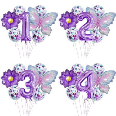 7Pcs Purple Leptir baloni set 32 inča 0-9 brojeva folija balon vjenčanje Baby Shower Helium Globos rođendanske dekoracije