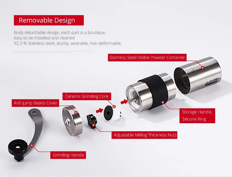 Ručni keramički mlinac za kavu 2 veličine, podesivi mlin za kavu u zrnu od nehrđajućeg čelika s gumenim prstenom Kuhinjski alati za jednostavno čišćenje