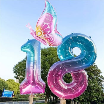 32-инчов балон с градиентно число 0-9 Дигитален фолиен балон с хелий Пеперуда Момиче Декорация за рожден ден Декорация за парти Baby Shower Детски подаръци
