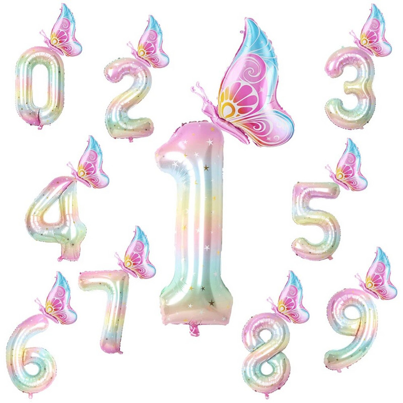 40 colių žvaigždėto dangaus gradiento didelio skaičiaus folijos drugelių balionų rinkinys mergaičių 1-ojo gimtadienio vakarėlio dekorai Skaitmeniniai helio balionų reikmenys