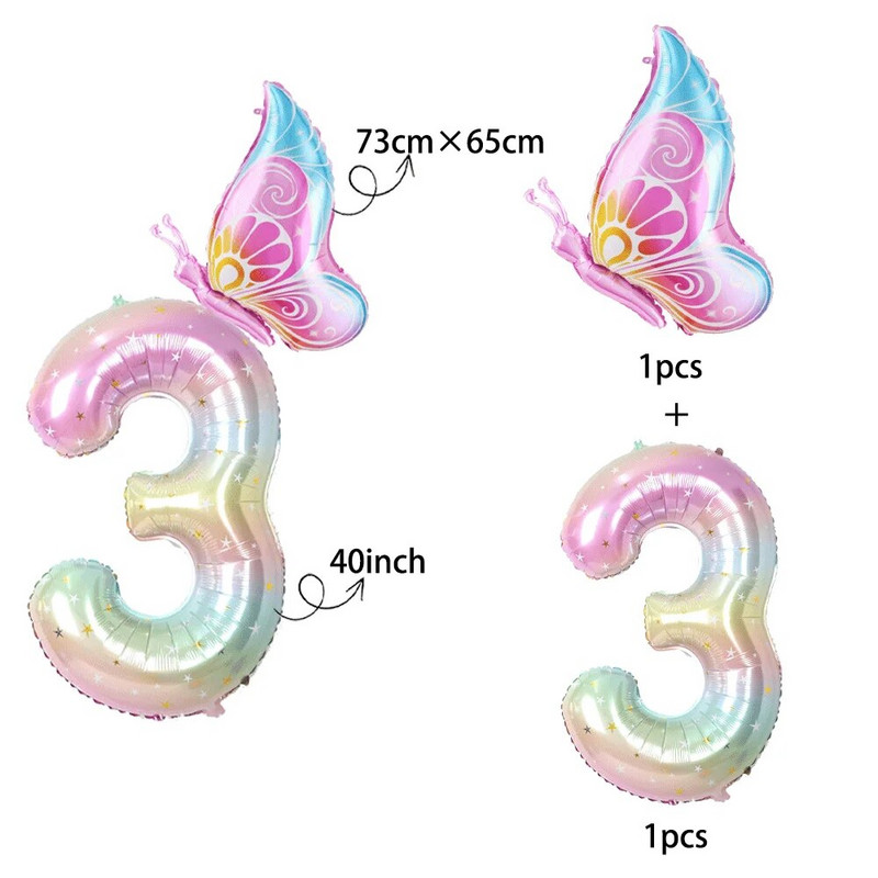 40 colių žvaigždėto dangaus gradiento didelio skaičiaus folijos drugelių balionų rinkinys mergaičių 1-ojo gimtadienio vakarėlio dekorai Skaitmeniniai helio balionų reikmenys