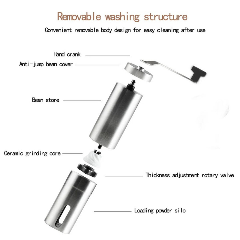 Kézi kávédaráló francia dombornyomó géphez, kézi mini, K csésze, szálcsiszolt rozsdamentes acél hordozható kúpos daráló