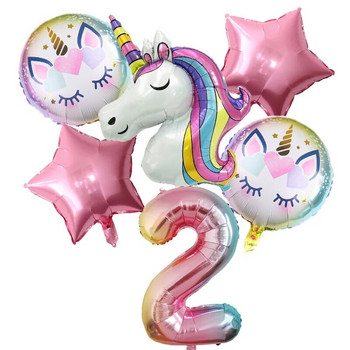 6 τμχ Rainbow Unicorn Balloon 1 2 3 4 5 6 7 8 9 Number Foil Balloons Unicorn Θέμα Διακοσμήσεις για πάρτι γενεθλίων Baby Shower Globos