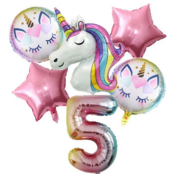 6 бр. Rainbow Unicorn балон 1 2 3 4 5 6 7 8 9 номер Фолиеви балони Unicorn Тема Декорации за рожден ден Baby Shower Globos