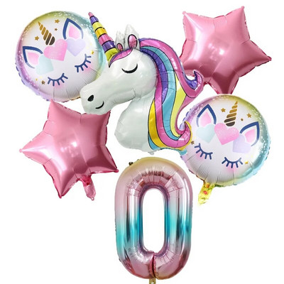 6 бр. Rainbow Unicorn балон 1 2 3 4 5 6 7 8 9 номер Фолиеви балони Unicorn Тема Декорации за рожден ден Baby Shower Globos