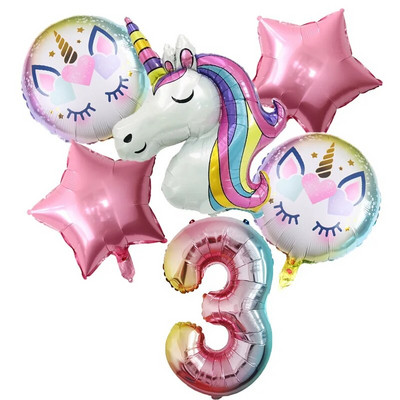 6 бр. Rainbow Unicorn балон 1 2 3 4 5 6 7 8 9 номер Фолиеви балони Unicorn Тема Декорации за рожден ден Baby Shower Globos