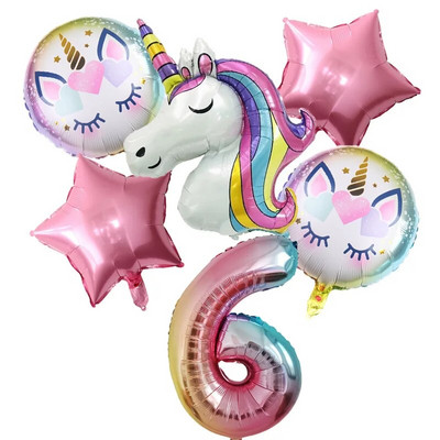 6 бр. Rainbow Unicorn балон 1 2 3 4 5 6 7 8 9 номер Фолиеви балони Unicorn Тема Декорации за рожден ден Baby Shower Globos
