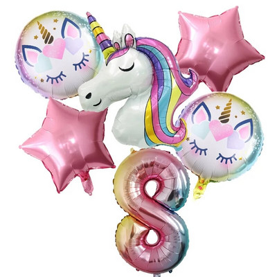 6 бр. Rainbow Unicorn балон 1 2 3 4 5 6 7 8 9 номер Фолиеви балони Unicorn Тема Декорации за рожден ден Baby Shower Globos