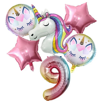 6 бр. Rainbow Unicorn балон 1 2 3 4 5 6 7 8 9 номер Фолиеви балони Unicorn Тема Декорации за рожден ден Baby Shower Globos