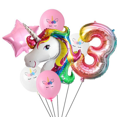 7 τμχ/παρτίδα Unicorn Balloon Rainbow Gradient 32 ιντσών Αριθμός 1 2 3 4 5 Παιδικό πάρτι γενεθλίων Baby Shower Decor Globos Helium Balloons