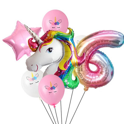 7 τμχ/παρτίδα Unicorn Balloon Rainbow Gradient 32 ιντσών Αριθμός 1 2 3 4 5 Παιδικό πάρτι γενεθλίων Baby Shower Decor Globos Helium Balloons