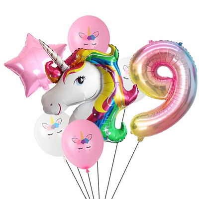 7 τμχ/παρτίδα Unicorn Balloon Rainbow Gradient 32 ιντσών Αριθμός 1 2 3 4 5 Παιδικό πάρτι γενεθλίων Baby Shower Decor Globos Helium Balloons