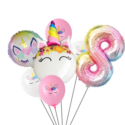 7 τμχ/παρτίδα Unicorn Balloon Rainbow Gradient 32 ιντσών Αριθμός 1 2 3 4 5 Παιδικό πάρτι γενεθλίων Baby Shower Decor Globos Helium Balloons