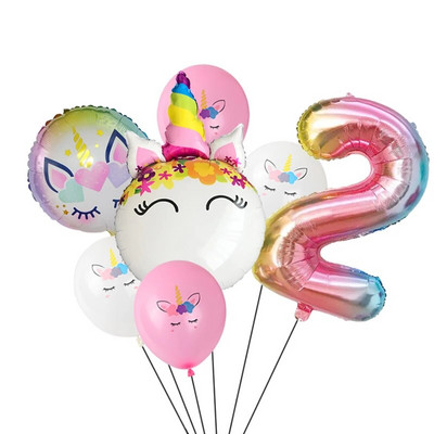 7 τμχ/παρτίδα Unicorn Balloon Rainbow Gradient 32 ιντσών Αριθμός 1 2 3 4 5 Παιδικό πάρτι γενεθλίων Baby Shower Decor Globos Helium Balloons