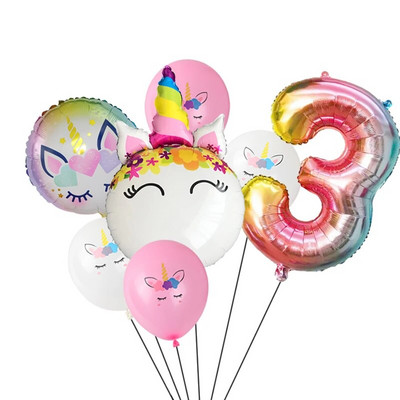 7 τμχ/παρτίδα Unicorn Balloon Rainbow Gradient 32 ιντσών Αριθμός 1 2 3 4 5 Παιδικό πάρτι γενεθλίων Baby Shower Decor Globos Helium Balloons