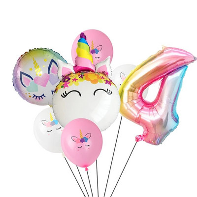 7 τμχ/παρτίδα Unicorn Balloon Rainbow Gradient 32 ιντσών Αριθμός 1 2 3 4 5 Παιδικό πάρτι γενεθλίων Baby Shower Decor Globos Helium Balloons