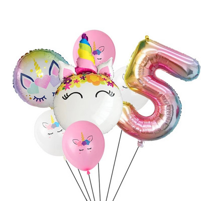 7 τμχ/παρτίδα Unicorn Balloon Rainbow Gradient 32 ιντσών Αριθμός 1 2 3 4 5 Παιδικό πάρτι γενεθλίων Baby Shower Decor Globos Helium Balloons