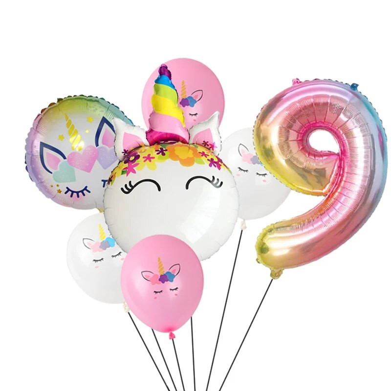 7db/tétel Unicorn Balloon Rainbow Gradient 32 inch Number 1 2 3 4 5 Kids Birthday Party Baby Shower Decor Globos Hélium Balloons