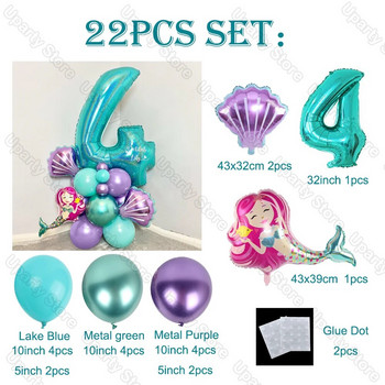 22 τμχ/σετ Mermaid Balloons Large Tiffany Blue Number Foil Globos Διακόσμηση γενεθλίων Γοργόνα Μπαλόνι γενεθλίων Διακοσμήσεις ντους για μωρά