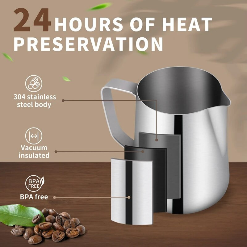 VRUĆA AKCIJA Vrč za pjenjenje od nehrđajućeg čelika, pjenilica za mlijeko od 600 ml s olovkom Latte Art, alati za bariste za espresso cappuccino latte ar