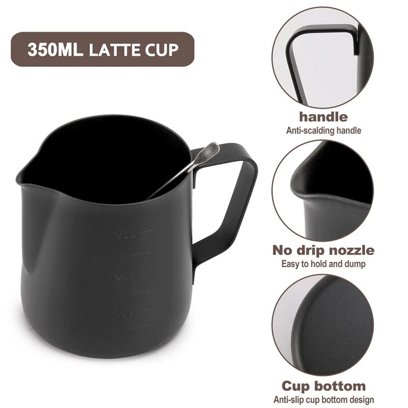 Kiskereskedelmi rozsdamentes acél tejhabosító kancsó Macchiato Cappuccino Latte Arthoz, Latte Art tollal, kávétejhabosítóval, 350 ml