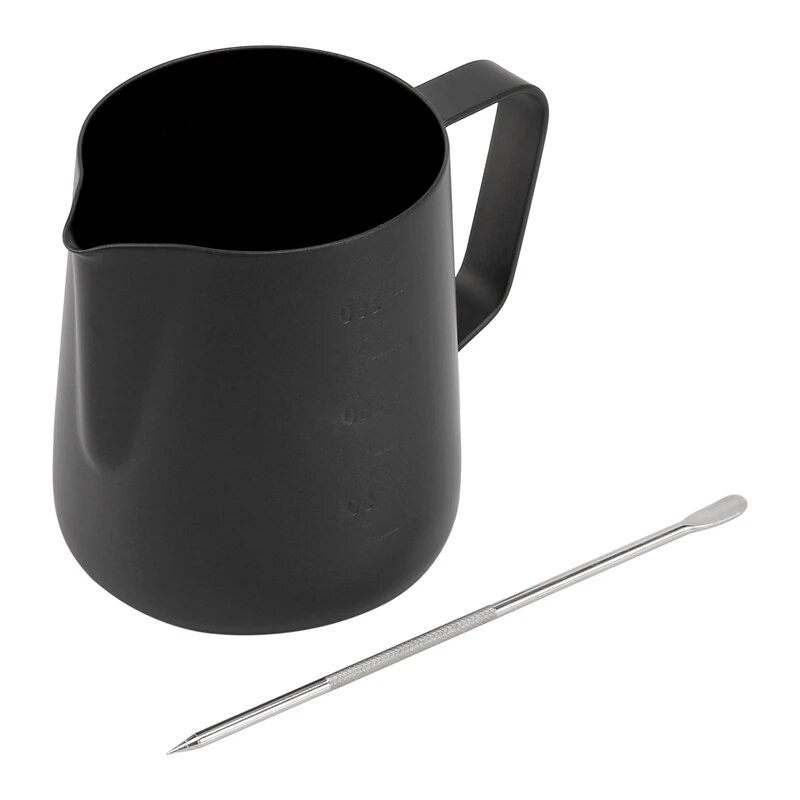 Kiskereskedelmi rozsdamentes acél tejhabosító kancsó Macchiato Cappuccino Latte Arthoz, Latte Art tollal, kávétejhabosítóval, 350 ml