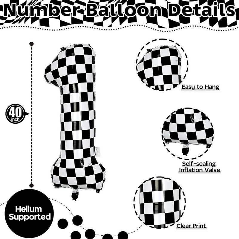 Karirani digitalni balon od 40 inča, veliki crno-bijeli brojevi 0-9 Baloni od folije za utrke, potrepštine za dekoraciju rođendanske motorističke zabave