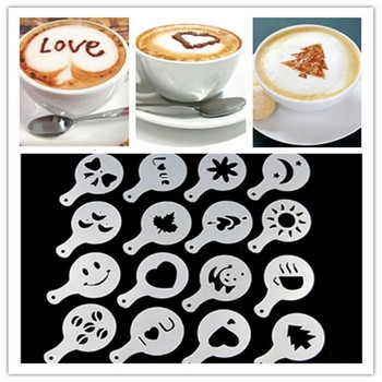 16 Τεμάχια/Σετ Καλούπι καφέ Latte Cappuccino Barista Art Stencils Cake Duster Templates Αξεσουάρ καφέ Φόρμα γάλακτος Διακοσμητικό καφέ