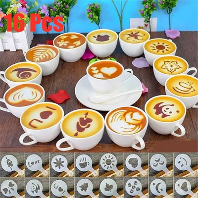 16 бр./компл. Форма за кафе Latte Cappuccino Barista Art Stencils Шаблони за прах за торта Аксесоари за кафе Форма за мляко Декорация за кафе