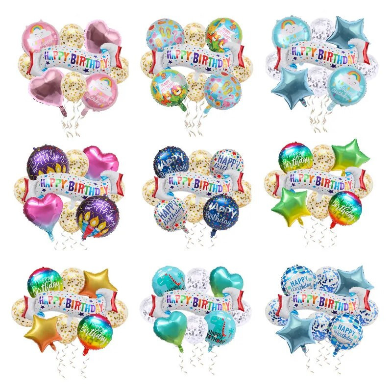Jauni 9 dzimšanas dienas reklāmkarogu komplekti, alumīnija plēves bumbiņu vizuļu baloni bērnu pieaugušajiem dzimšanas dienas ballīšu dekorēšanai