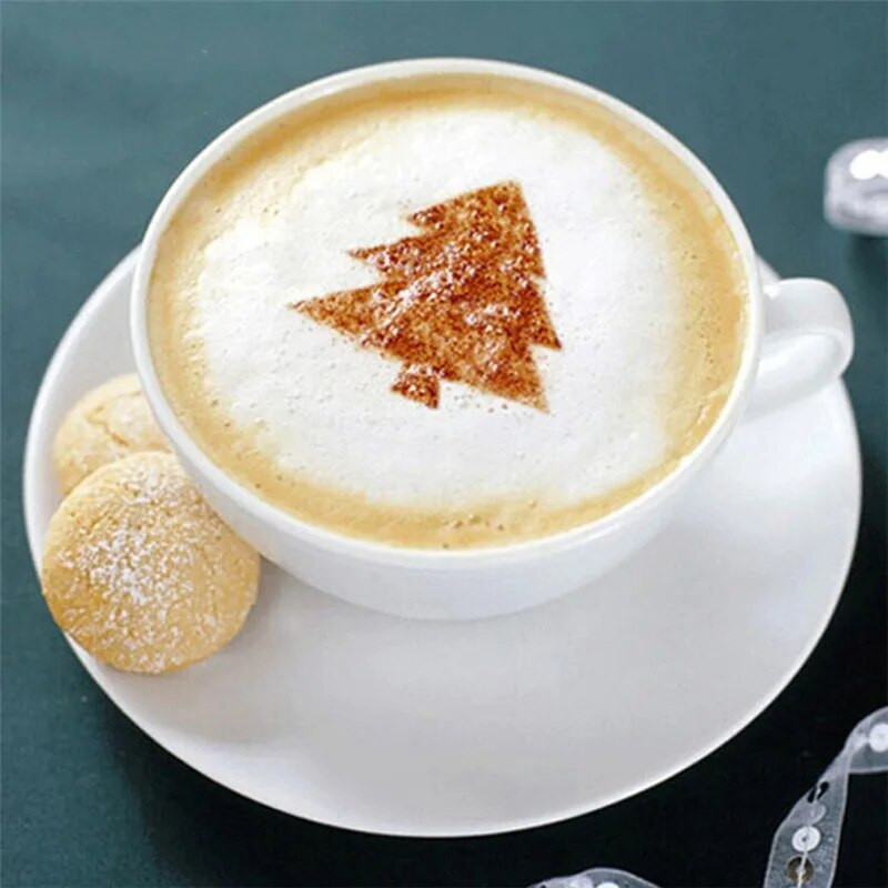 16 vnt. Formuoti kavos ir pieno pyragaičių keksiukų trafareto šablono kavos baristos kapučino šablono šablono šluostės dulkių purškimo įrankiai