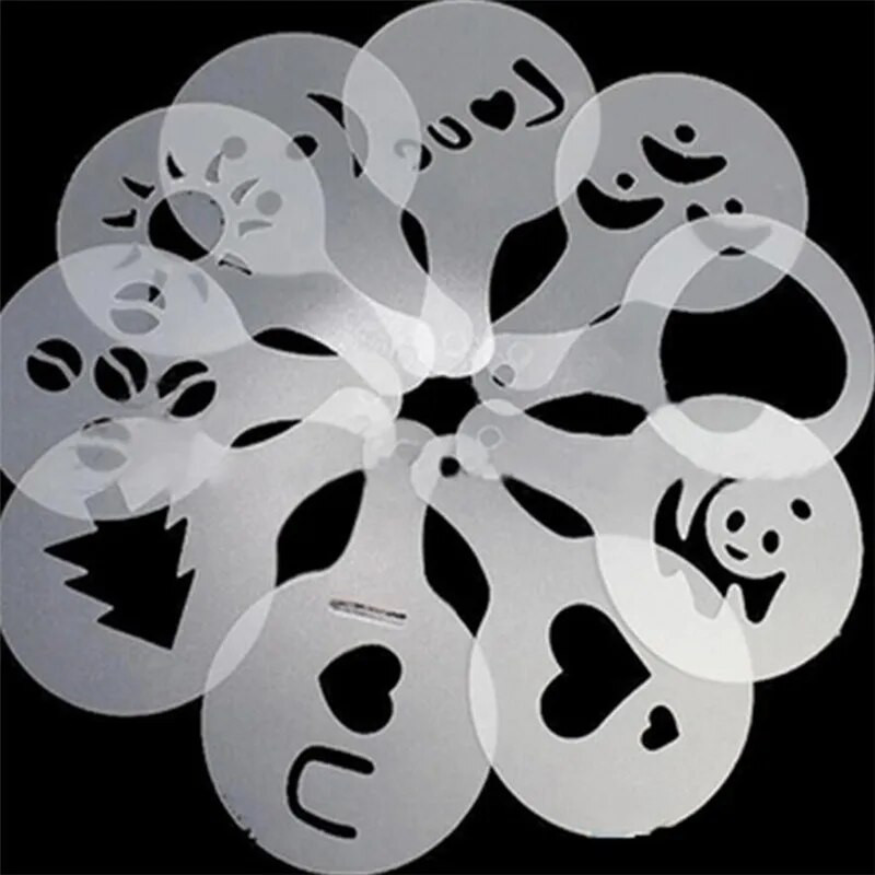 16 vnt. Formuoti kavos ir pieno pyragaičių keksiukų trafareto šablono kavos baristos kapučino šablono šablono šluostės dulkių purškimo įrankiai