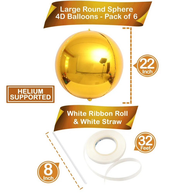 6 опаковки 22-инчови фолио сферични балони 4D балони Glod Silver Rosegold Големи кръгли балони Mylar за украса за парти за рожден ден